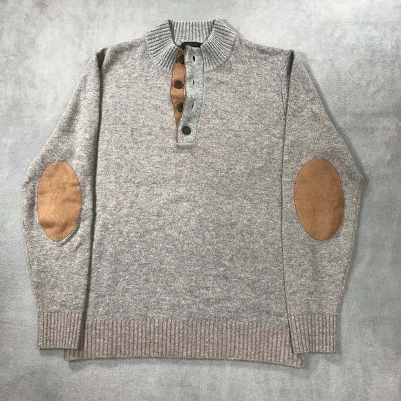 Raffi Sweater Men's Medium Grey 1/4 Button Mock Neck Wool Cashmere Elbow Patches - Picture 3 of 8
